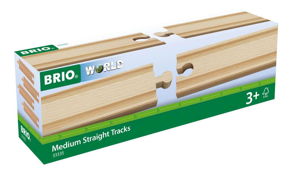 Die Abbildung zeigt eine Verpackung der BRIO® 2/3 Geraden Gleise (A) 33335. Die Box enthält mittellange, gerade Holzschienen, geeignet für Kinder ab 3 Jahren.
