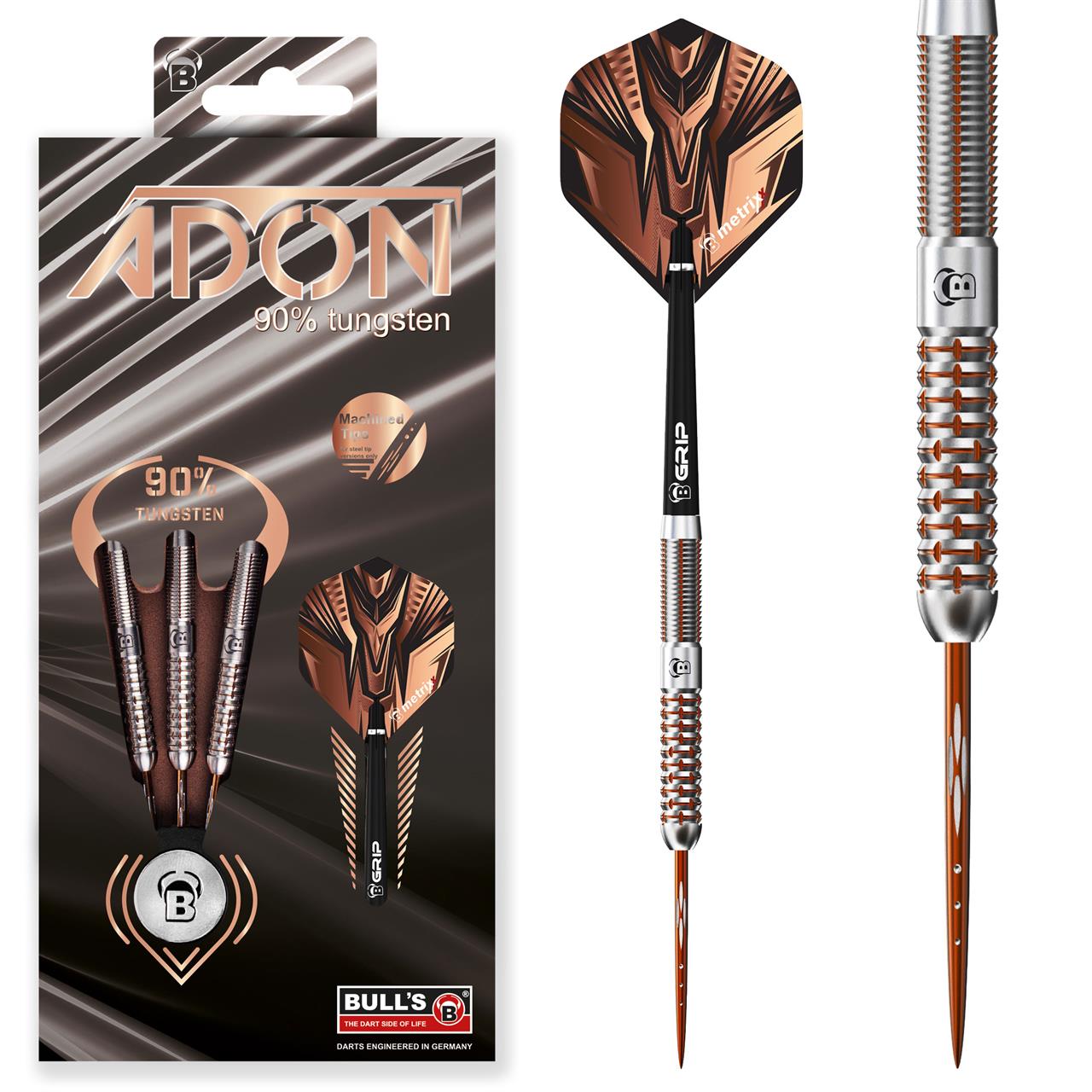 Das Bild zeigt den BULL'S® Adon Steel Dart 21g mit einer ansprechenden Verpackung und einem modernen Design. Der Dart besteht zu 90 % aus Tungsten und hat auffällige bronzefarbene und silberne Akzente.