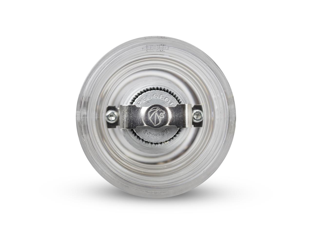 Das Bild zeigt die Unterseite der Pfeffermühle Nancy 12 cm. Die Mühle besteht aus transparentem Material und hat ein sichtbares Mahlwerk aus Metall.