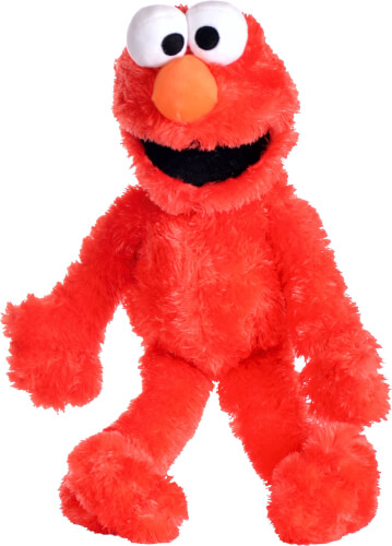Das Bild zeigt eine rote Plüschfigur mit großen weißen Augen und orangener Nase. Die Figur lächelt und hat ein flauschiges Fell.