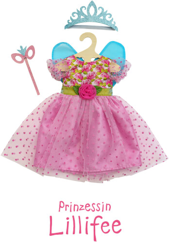 Das Bild zeigt ein buntes Prinzessinnenkleid mit einer Krone und einem Zauberstab. Unter dem Kleid steht der Name „Prinzessin Lillifee“ geschrieben.