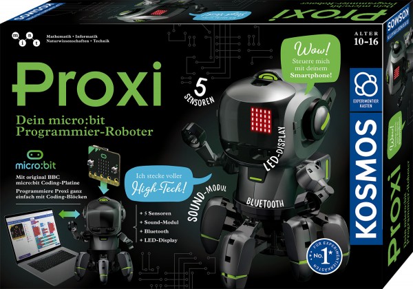 Auf dem Bild ist die Verpackung des Produkts „Proxi – Dein micro:bit Programmier-Roboter“ zu sehen. Der Roboter kann mit Sensoren, Bluetooth und LED-Display programmiert und per Smartphone gesteuert werden.