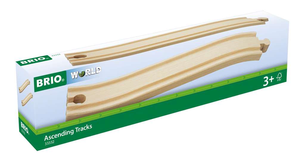Das Bild zeigt die Verpackung der BRIO® Rampengleise (N) 33332. In der Schachtel befinden sich zwei aufsteigende Holzschienen für das BRIO Eisenbahnsystem.