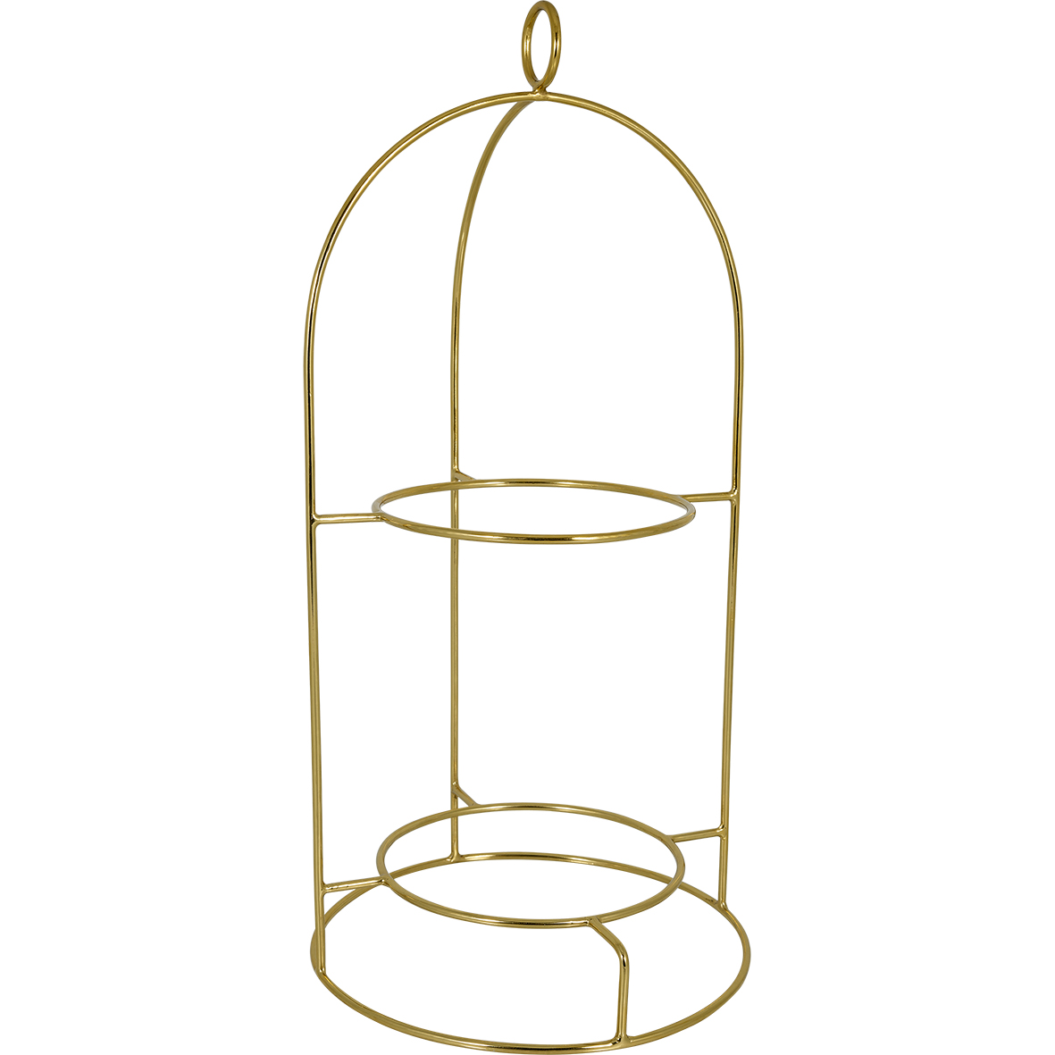 Das Bild zeigt eine goldene Etagere mit den Maßen 47x24 cm. Sie besteht aus einem filigranen Metallgestell mit zwei Ebenen.