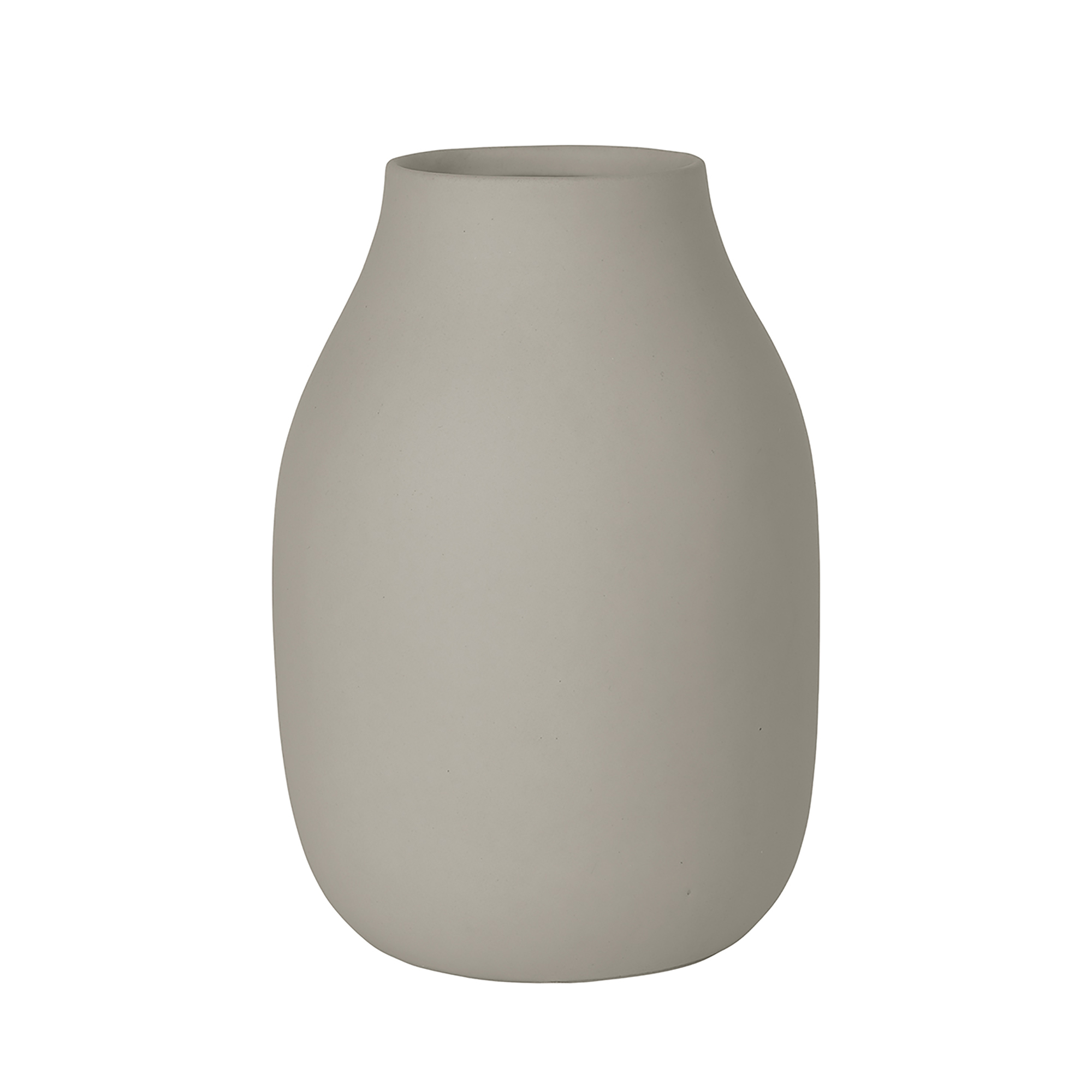Auf dem Bild ist eine schlichte, matte Vase zu sehen. Sie ist beige und hat eine runde, bauchige Form.