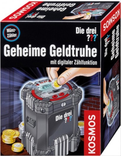 Auf dem Bild ist eine Verpackung mit der Aufschrift „Geheime Geldtruhe“ von Kosmos zu sehen. Eine Hand wirft eine Münze in eine digitale Geldtruhe mit Zählfunktion.
