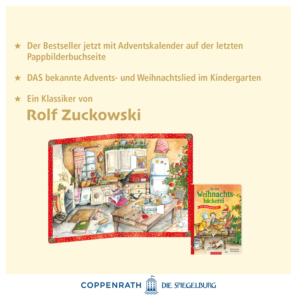 Abgebildet ist das Buch 'In Der Weihnachtsbäckerei - Buch Mit Adventskalend'. Dieses Buch enthält Rezepte und adventliche Überraschungen.