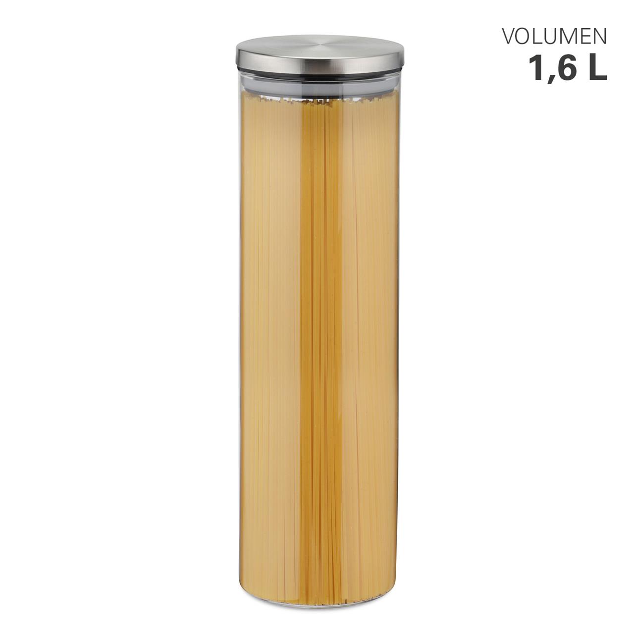 Das Bild zeigt eine Vorratsdose aus Borosilikatglas mit einem Fassungsvermögen von 1,65 Litern. Die Dose ist mit einem Edelstahldeckel verschlossen und enthält Spaghetti.