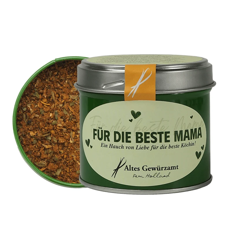 Das Bild zeigt das Produkt "Für die beste Mama" Gewürzmischung mit Gemüseschmack in einer 75g Packung. Die Verpackung ist liebevoll gestaltet und eignet sich gut als Geschenk für Mütter.
