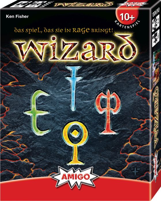 Das Bild zeigt die Verpackung des Kartenspiels "Wizard" von Amigo. Auf dem Cover sind bunte Zeichen und der Schriftzug "Wizard" deutlich zu sehen.