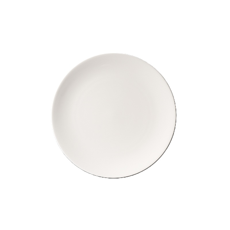 Auf dem Bild ist ein Teller flach 21 cm Pure Weiss Fine Bone China zu sehen. Der Teller ist rund und weiß gehalten.