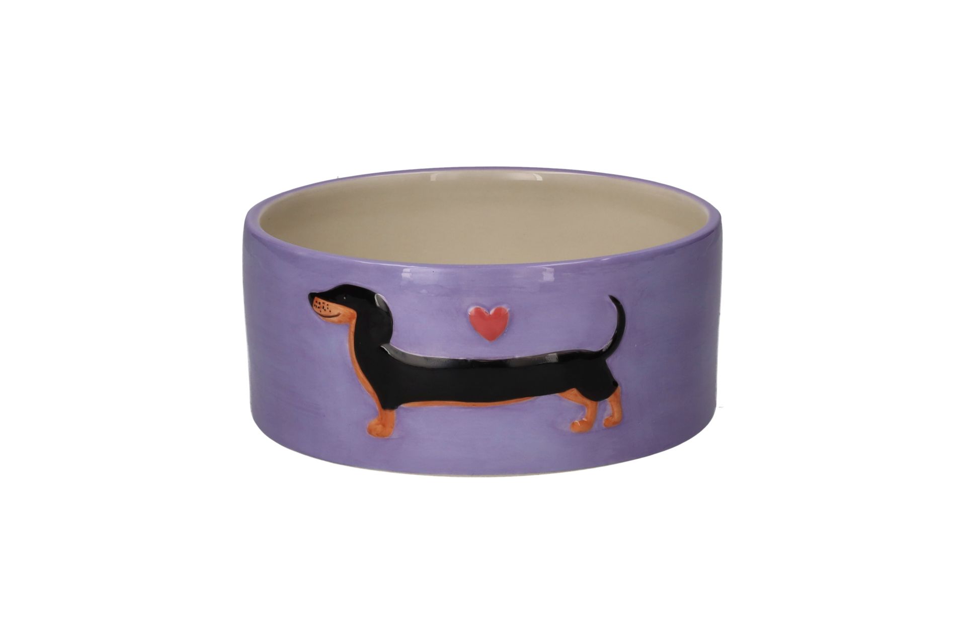 Dies ist der Love Pets Futternapf in Größe S mit Dackel-Motiv in Lila. Der Napf ist ideal für kleine Haustiere und bringt Farbe in den Futterplatz.