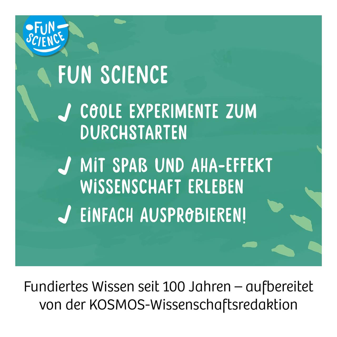 Das Bild zeigt das Produkt "Fun Science - Fruchtgummi-Labor" mit kurzen Beschreibungen. Es werden coole Experimente, Spaß am Entdecken und einfaches Ausprobieren hervorgehoben.