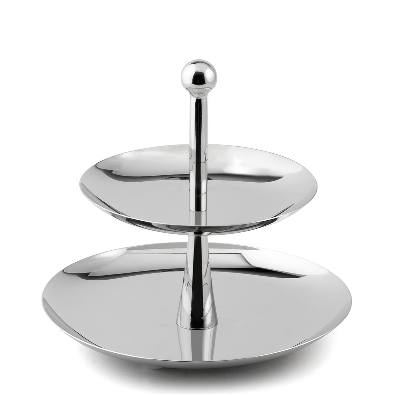 Das Bild zeigt eine zweistöckige Etagere aus Edelstahl. Sie hat zwei runde Ablagen und sieht glänzend und modern aus.