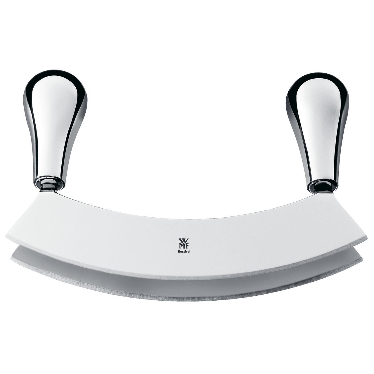 Das Bild zeigt ein Wiegemesser mit zwei Schneiden und zwei Griffen. Das Messer ist 18 cm breit und aus Edelstahl gefertigt.