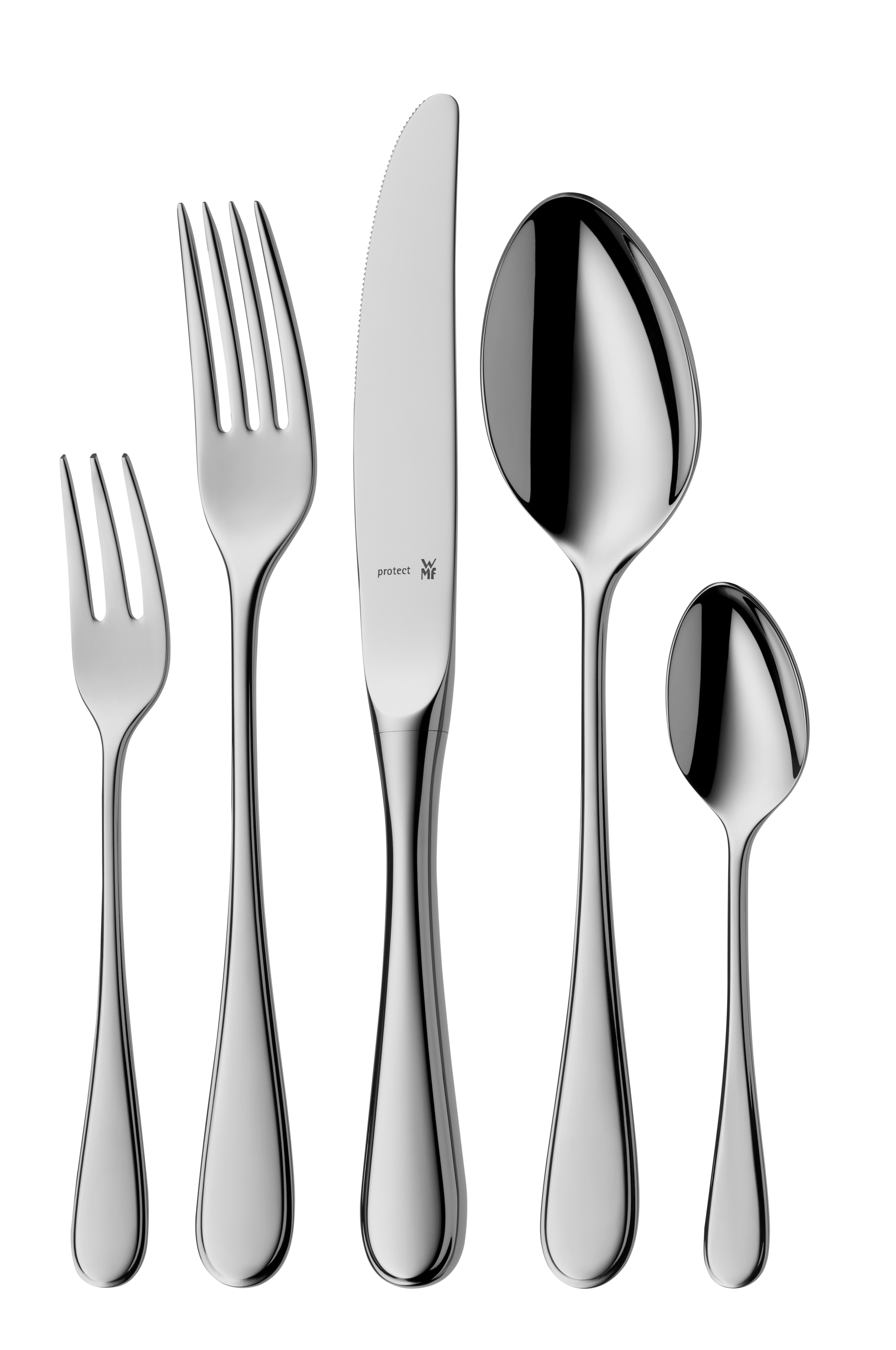 Das Bild zeigt fünf Besteckteile aus Edelstahl: eine Kuchengabel, eine Gabel, ein Messer, ein Esslöffel und ein Teelöffel. Sie sind ordentlich nebeneinander auf weißem Hintergrund angeordnet.