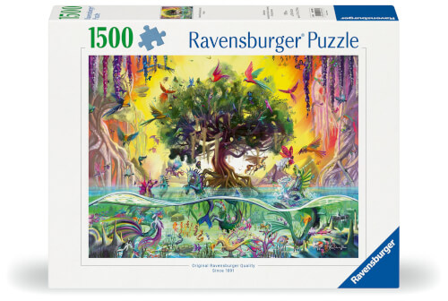 Auf diesem Ravensburger Puzzle mit 1500 Teilen ist ein farbenfroher, märchenhafter Baum mit vielen Tieren und Vögeln zu sehen. Das Bild zeigt eine lebendige Naturkulisse mit einer geheimnisvollen, fantasievollen Atmosphäre.