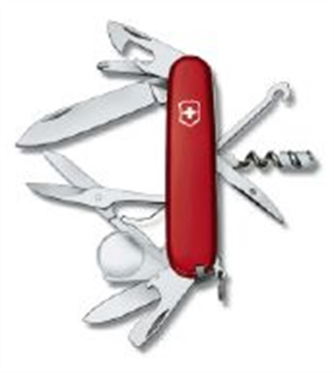 Das Bild zeigt ein rotes Taschenmesser mit mehreren ausgeklappten Werkzeugen. Es handelt sich um das Produkt "Explorer Rot Taschenmesser".