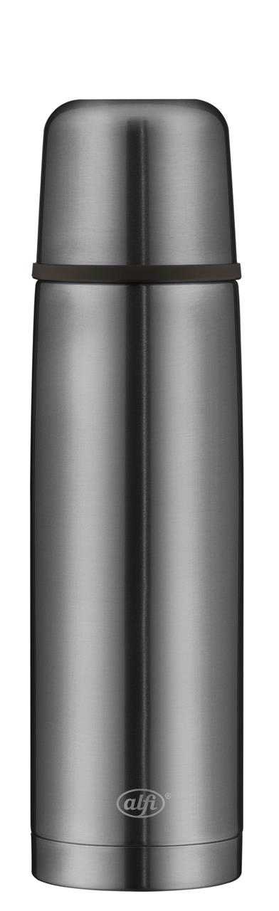 Die Abbildung zeigt eine graue Isolierflasche "Perfect automatic" mit einem Fassungsvermögen von 0,75 Litern. Die Flasche hat ein schlankes, modernes Design aus Edelstahl.