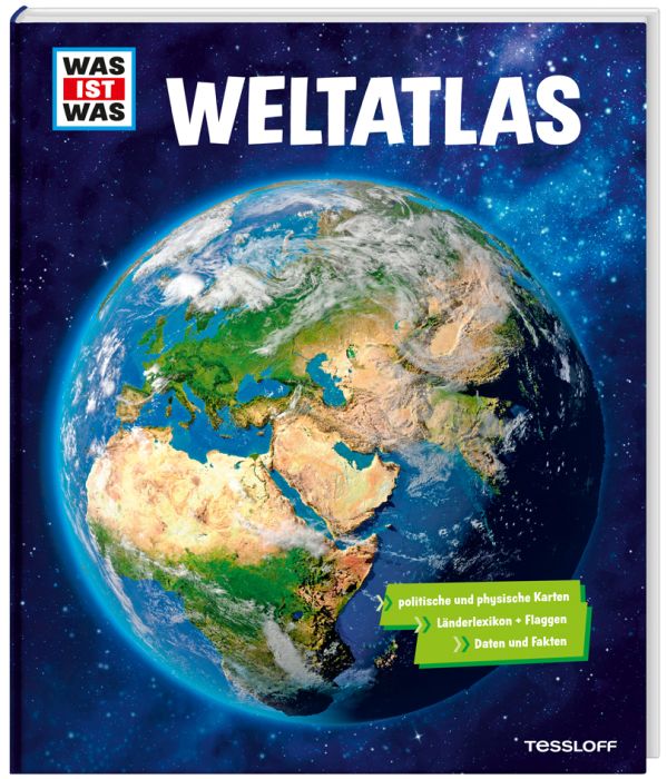 Das Bild zeigt das Cover des Buches "Was ist Was Weltatlas". Auf dem Cover ist die Erde aus dem Weltraum zu sehen, umgeben von Sternen.