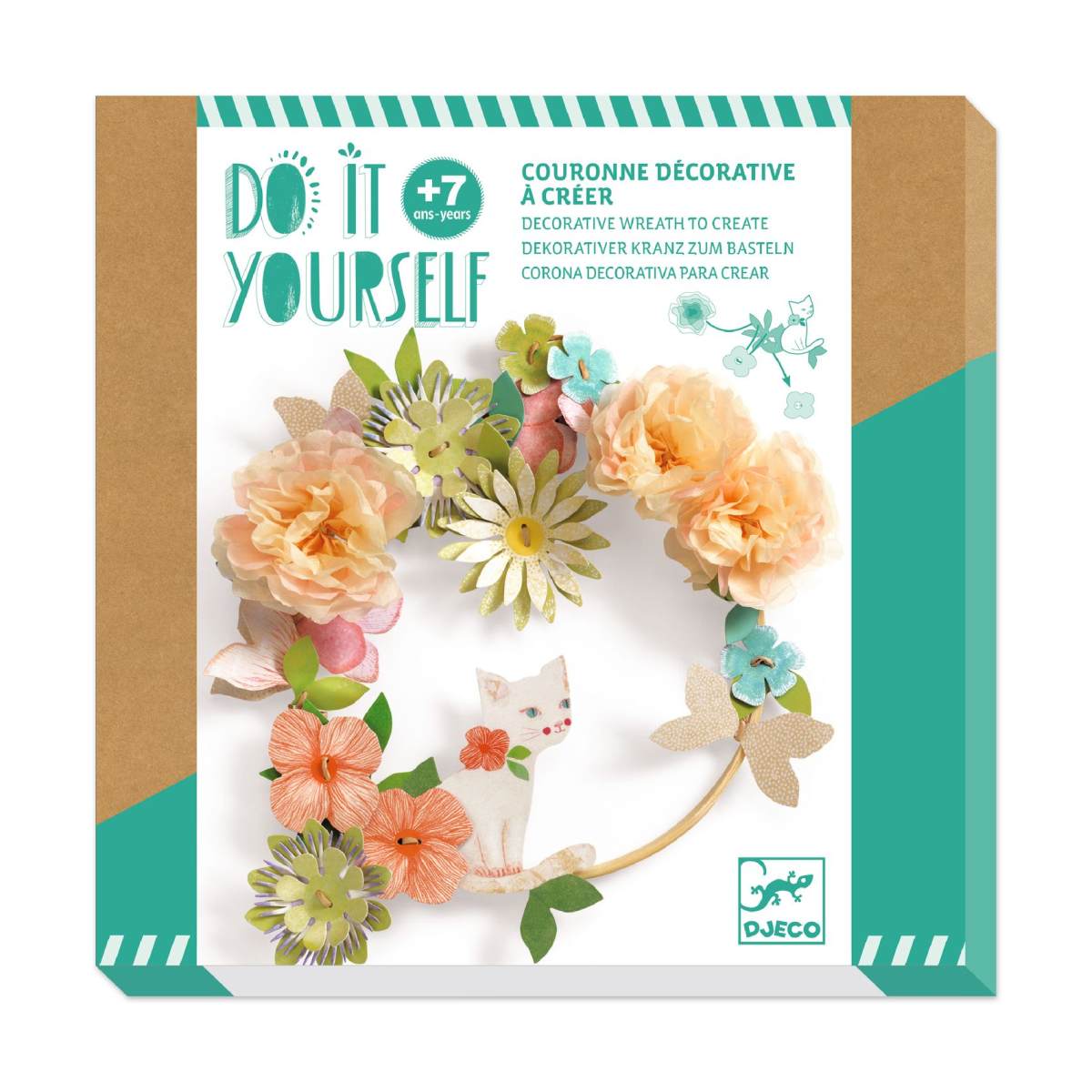 Das Bild zeigt das Produkt "Do it Yourself: Blumenkrone Dalia", ein Bastelset für Kinder ab 7 Jahren. Auf der Verpackung ist eine bunte Blumenkrone mit Papierblumen und einer kleinen Katze abgebildet.