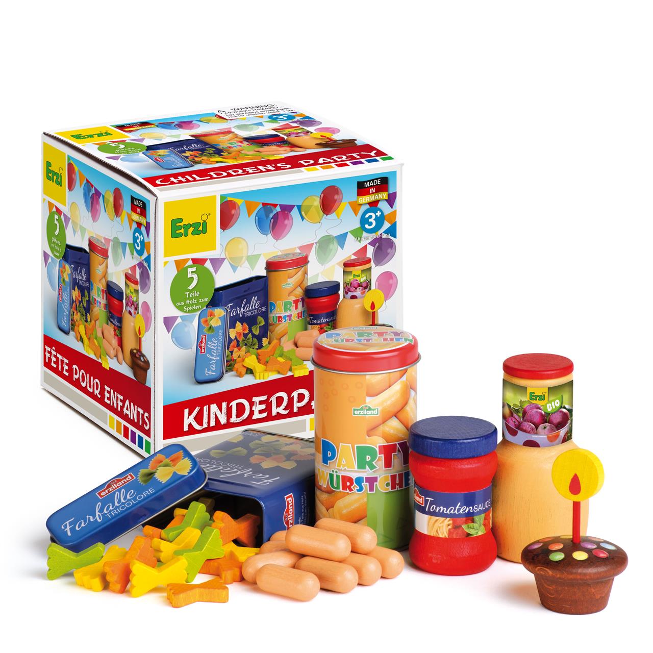 Das Bild zeigt das Produkt "Sortierung Kinderparty," ein Set mit Spielzeuglebensmitteln für Kinder. Zu sehen sind bunte Holzprodukte wie Würstchen, Nudeln, Soße und ein Geburtstagsmuffin neben der Verpackung.