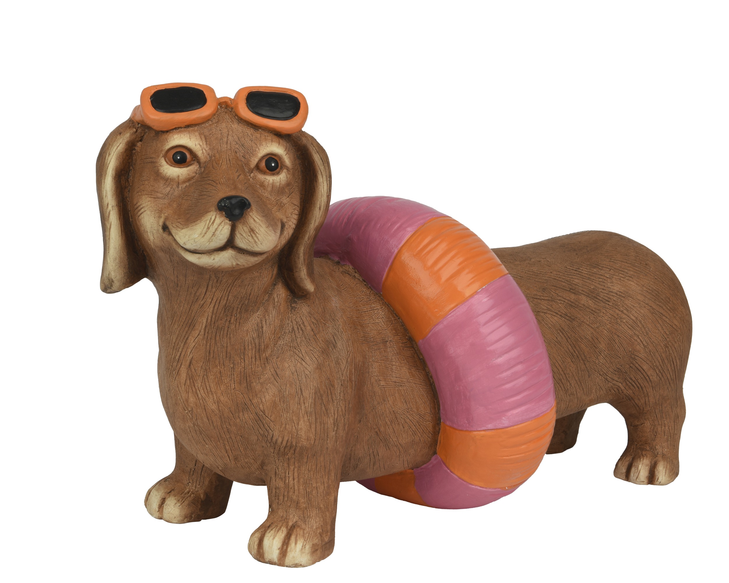 Auf dem Bild ist ein Hund aus Magnesium in Braun mit anderen Farben zu sehen. Diese Figur ist eine dekorative Skulptur für Zuhause oder den Garten.