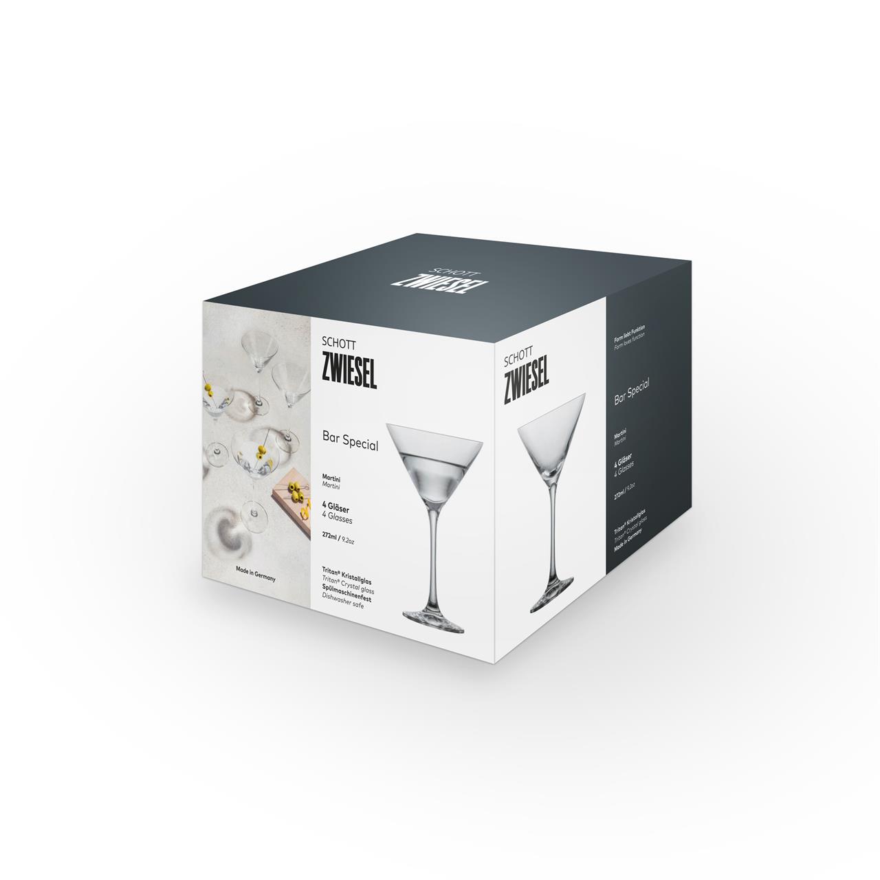 Die Abbildung zeigt eine Verpackung des Produkts „4er Martini Bar Special 86“ von Schott Zwiesel. In der Box befinden sich vier spezielle Martini-Gläser.