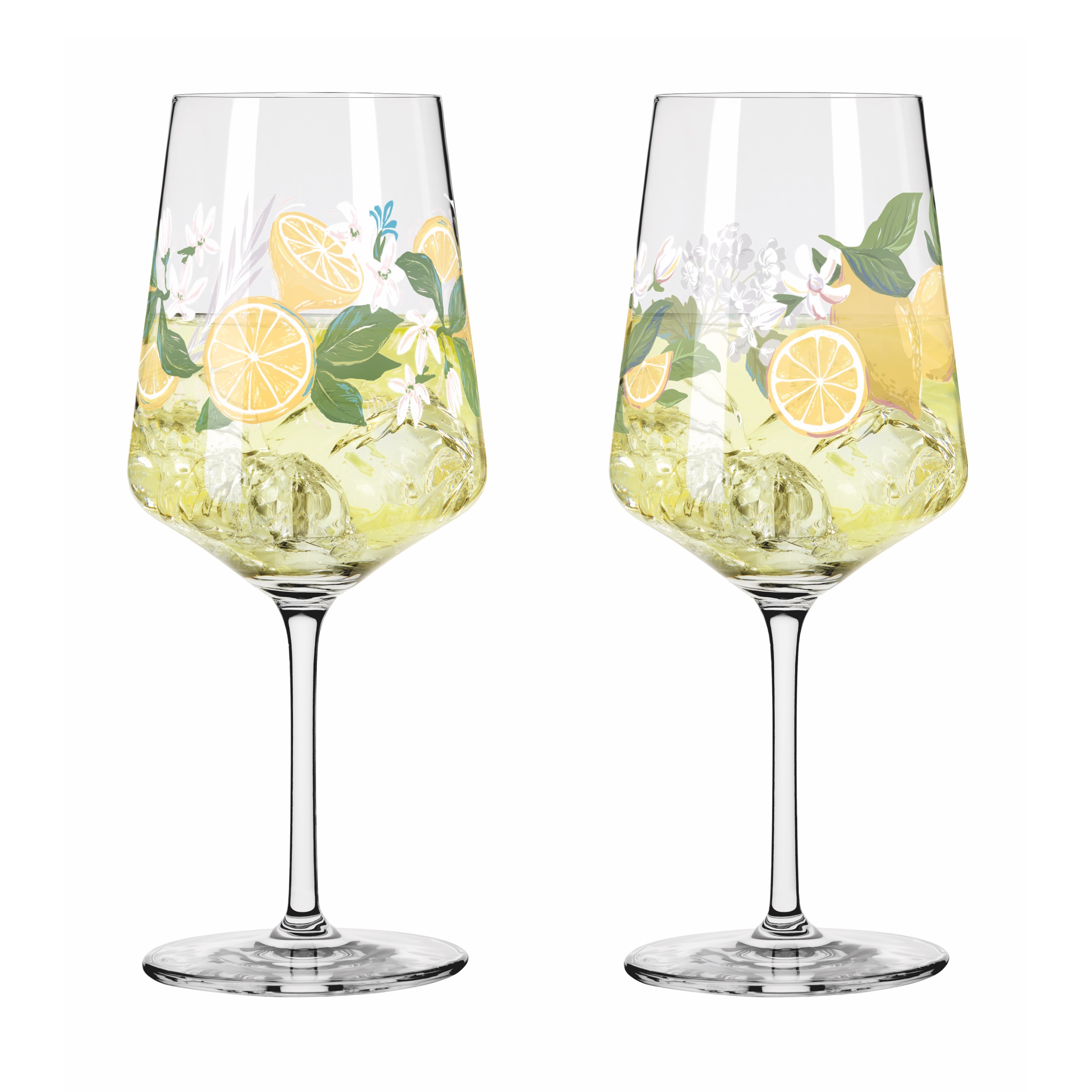 Zu sehen ist das PROM Sommertau Limoncello 2er-Set F25. Die Gläser sind für Limoncello konzipiert.