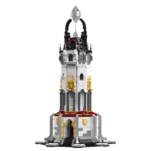 Der Mould King® 16055 Mittelalterlicher Leuchtturm ist ein detailreiches Modell mit eindrucksvoller Beleuchtung. Der Turm besteht aus verschiedenen grauen, weißen und goldenen Bauteilen und hat ein fantasievolles, mittelalterliches Design.