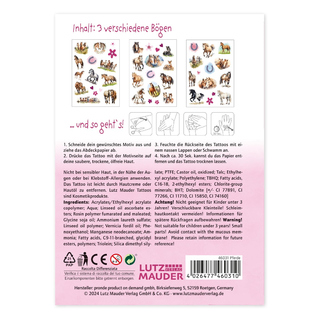 Das Bild zeigt die Rückseite eines Tattoo-Sets mit Pferdemotiven von Tapirella. Es sind drei verschiedene Tattoo-Bögen abgebildet und eine Anleitung zur Anwendung der Tattoos ist unter dem Bild zu finden.