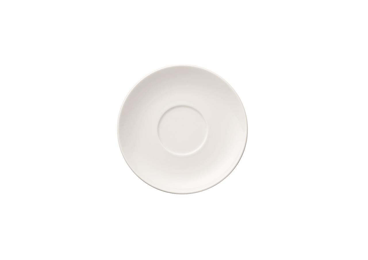 Auf dem Bild ist eine weiße Untertasse mit einem Durchmesser von 16,5 cm zu sehen. Es handelt sich um das Modell "Sunny Day / Weiss" für Cappuccino- oder Jumbo-Tassen.