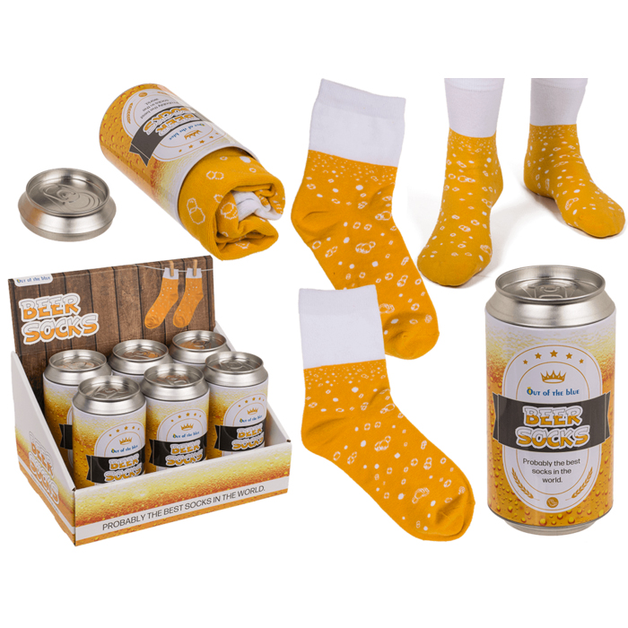 Biersocken in Metalldose (Einheitsgröße) sind in einer dekorativen Dose verpackt. Die Socken eignen sich perfekt als Geschenk für Bierliebhaber.