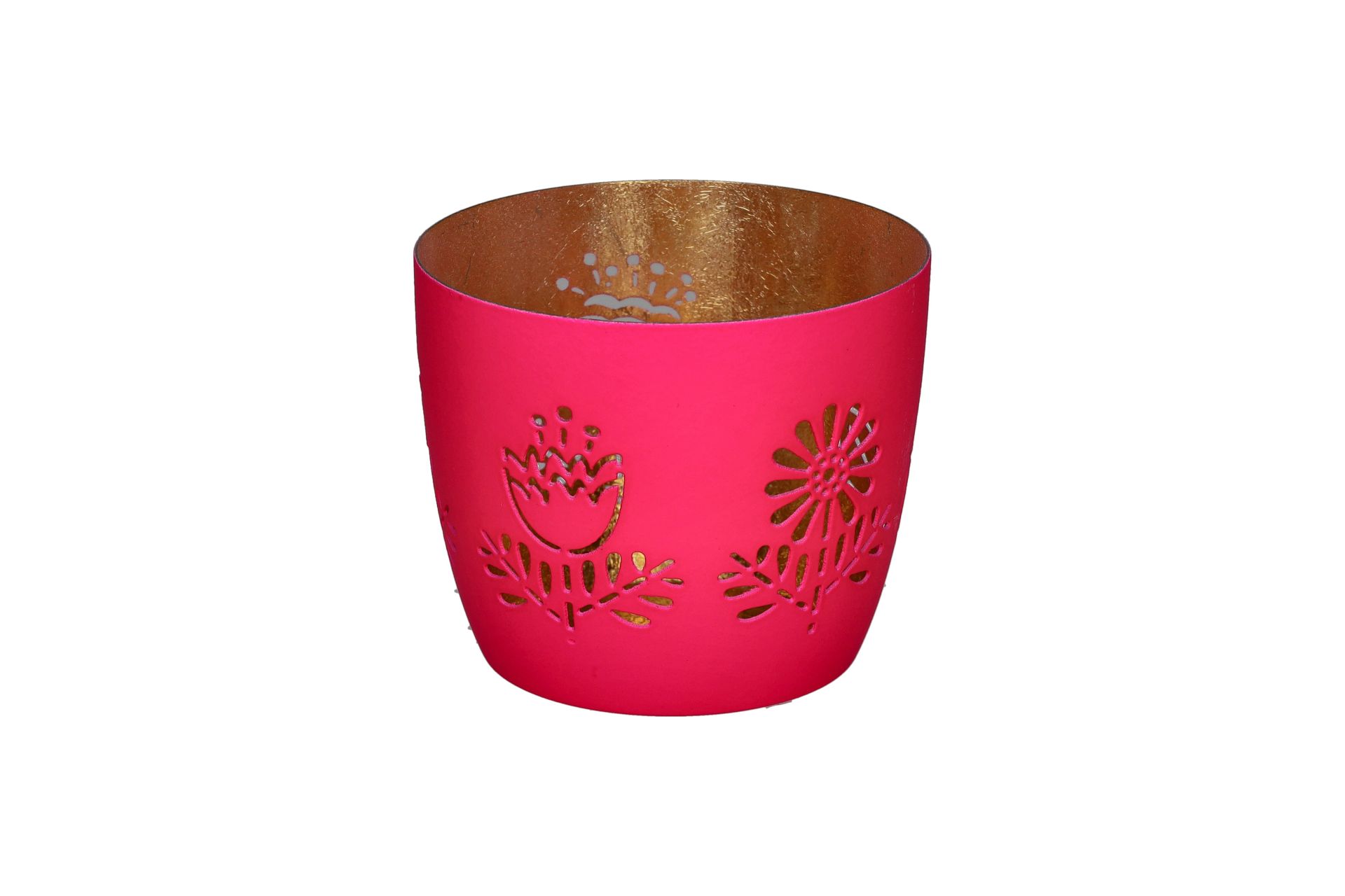 Madras Windlicht, Größe M, mit blumigem Motiv in Hot Pink und Gold. Das dekorative Windlicht sorgt für eine fröhliche und festliche Atmosphäre.