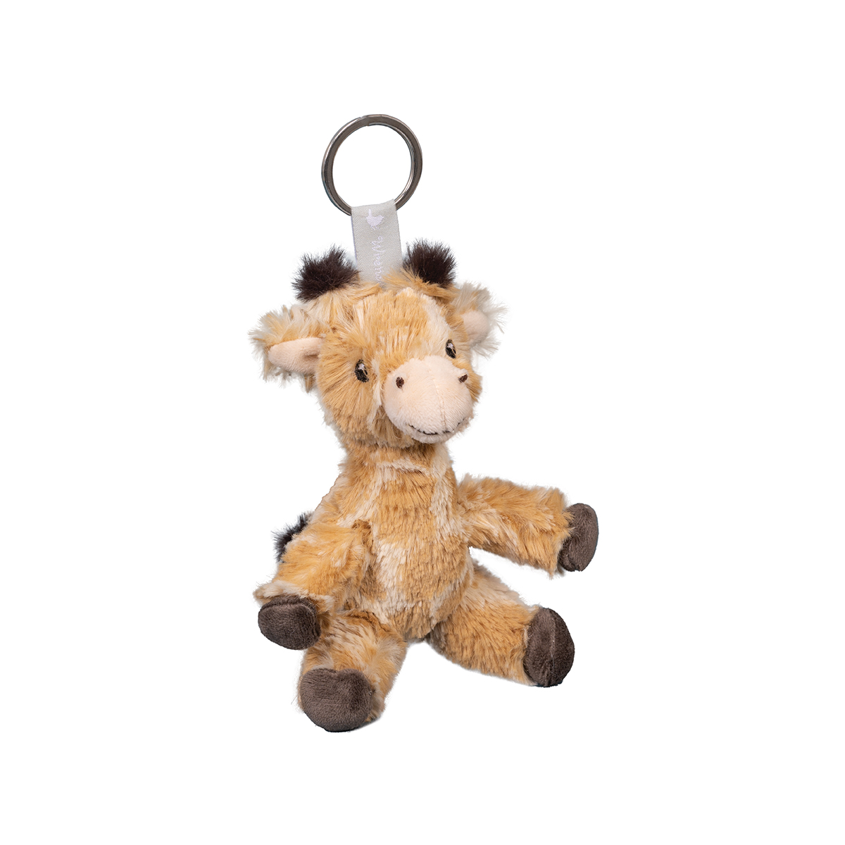 Das Bild zeigt einen kuscheligen Giraffen-Schlüsselanhänger. Der Plüsch-Giraffe ist braun mit dunklen Akzenten und hat einen Metallring zum Befestigen an Schlüsseln oder Taschen.