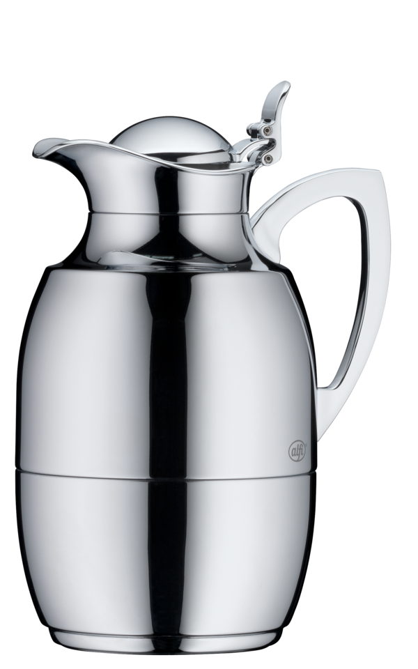 Dies ist eine glänzende, silberne Thermoskanne mit Henkel. Der Deckel hat einen Hebel zum einfachen Öffnen und Schließen.