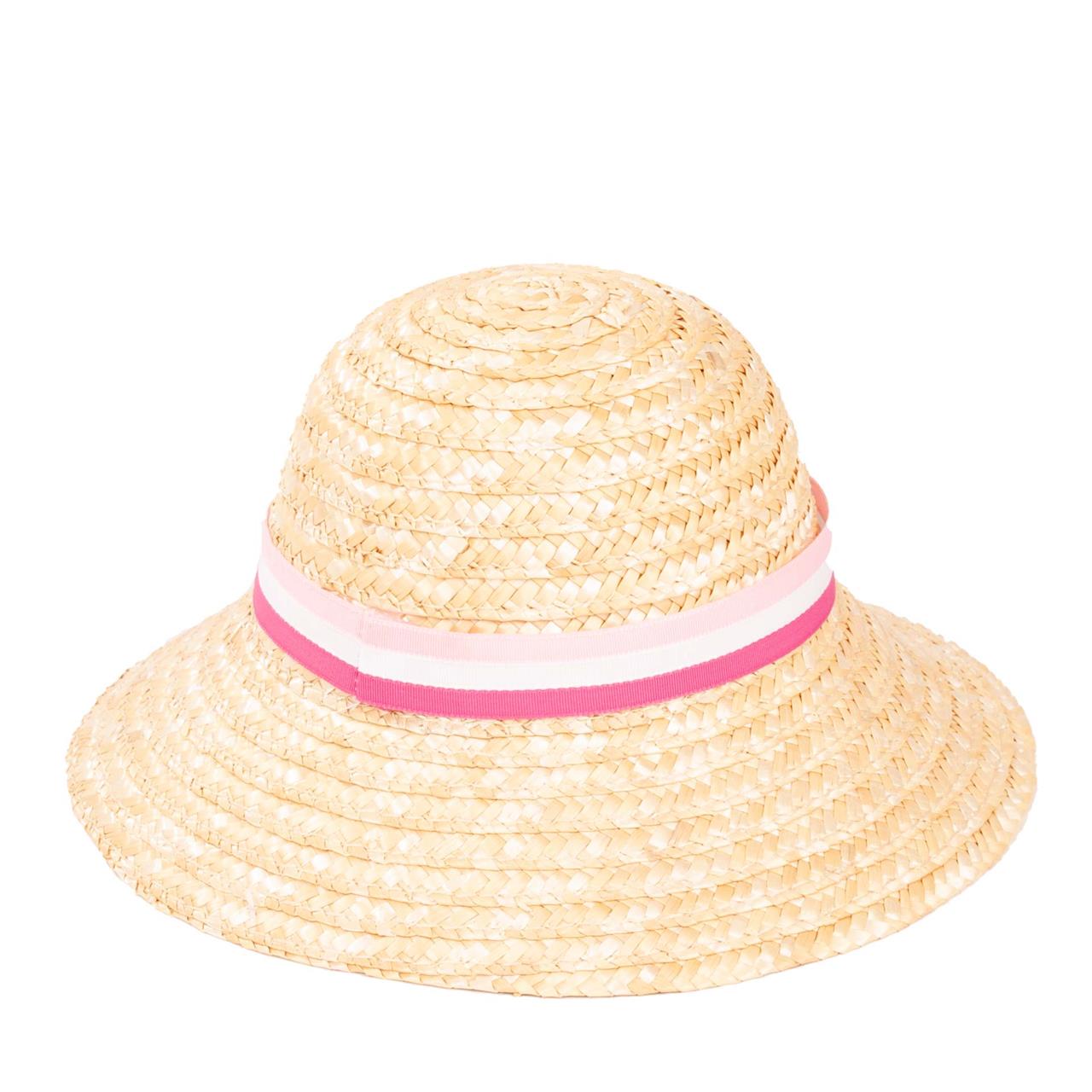 Der BC Strohhut 42/50cm ist aus geflochtenem Stroh gefertigt. Er hat ein rosa-weißes Band um die Hutkrone.