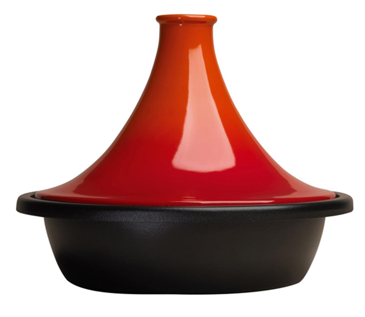 Das Bild zeigt einen Tagine-Topf mit einem Durchmesser von 31 cm in der Farbe Ofenrot. Der Deckel ist konisch geformt und auffällig rot, während der Boden schwarz ist.