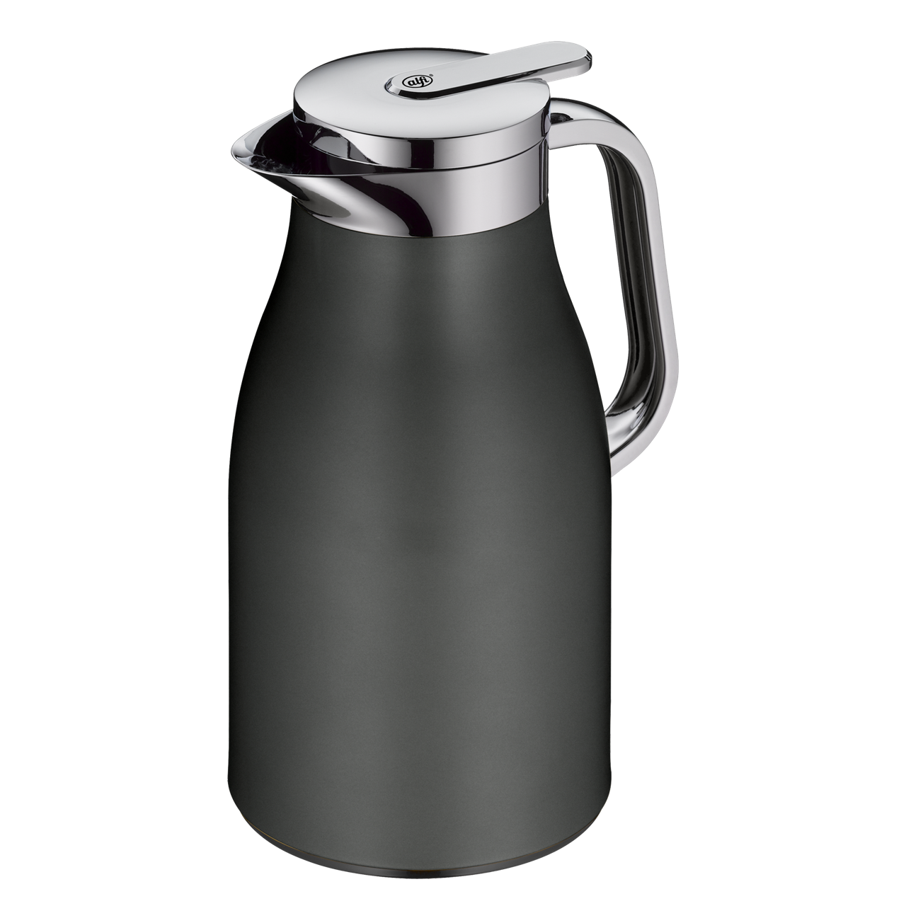 Die Abbildung zeigt eine Isolierkanne in der Farbe Cool Grey mit einem Fassungsvermögen von 1,0 Liter. Sie hat ein modernes Design mit silbernem Deckel und Griff.