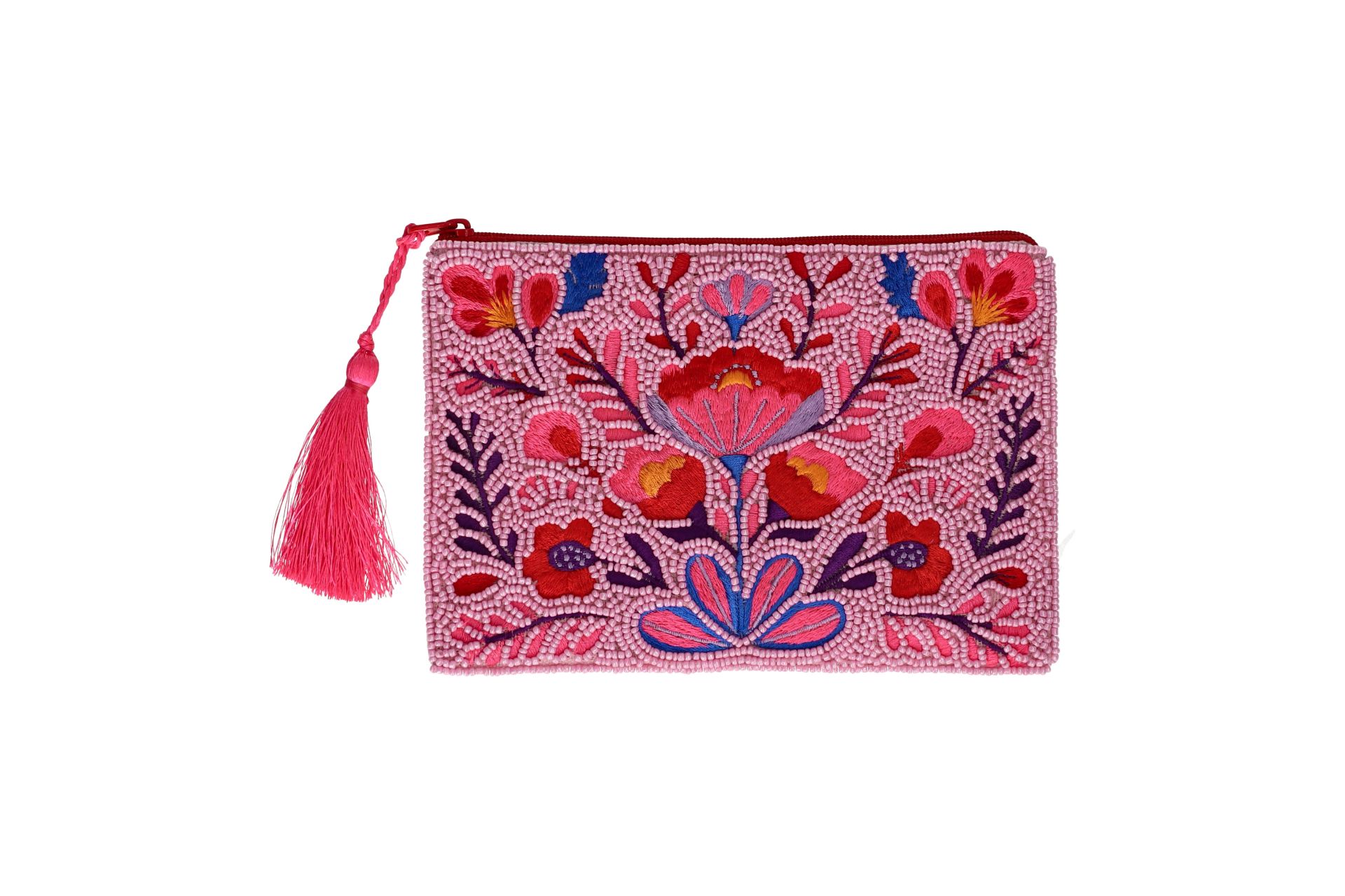 Hier ist die Elodie Kosmetiktasche in Größe M mit einem pinken Blumen-Motiv abgebildet. Die Tasche bringt Farbe und Stil in jede Kosmetiksammlung.