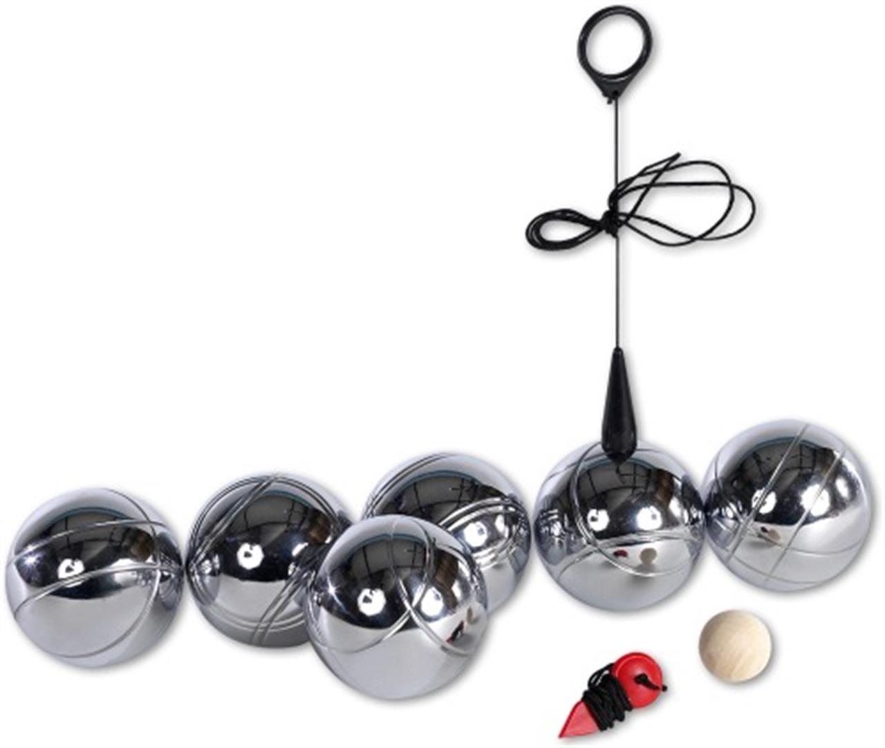 Das Bild zeigt ein Boule-Spiel-Set mit sechs silbernen Kugeln, einer kleinen Holzkugel und einem roten Messwerkzeug. Oben ist ein Magnetheber mit einer schwarzen Schlaufe und Seil zu sehen.