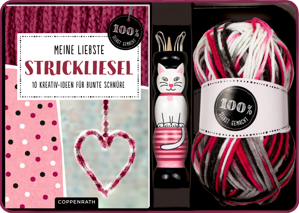 Das Produkt '100% selbst gemacht - Meine Liebste Strickliesel' wird präsentiert. Es handelt sich um ein Bastelset zum Stricken.