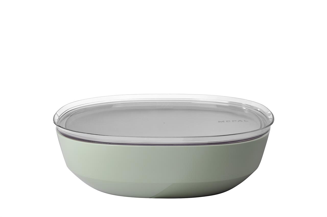 Die Abbildung zeigt eine Schale mit einem Fassungsvermögen von 4000 ml in der Farbe Nordic Sage. Die Schale ist mit einem passenden transparenten Deckel verschlossen.