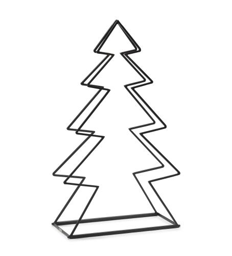 Auf dem Bild ist ein Kaminholzständer in Form eines stilisierten Tannenbaums zu sehen. Er besteht aus schwarzem Metall und hat eine geometrische, eckige Struktur.