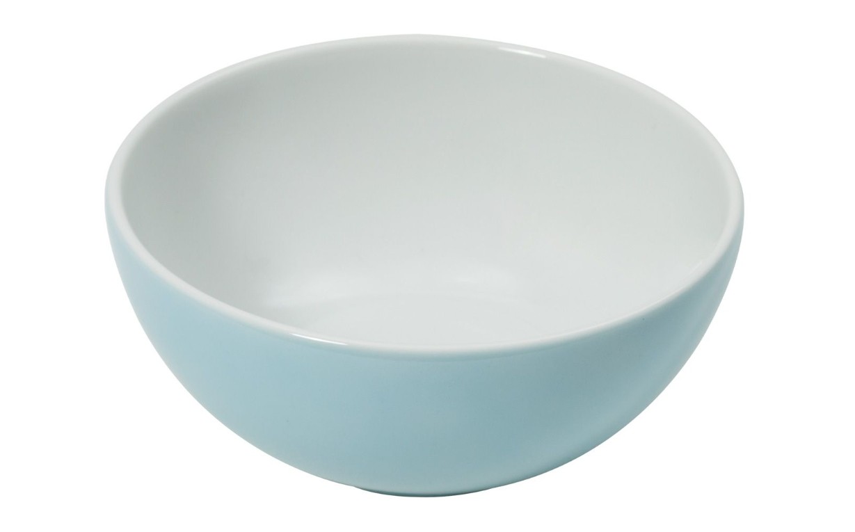 Diese Schale ist 15 cm groß, hat ein Fassungsvermögen von 0,60 Liter und ist in Eisblau gehalten. Das Bild präsentiert eine moderne Schale in einer kühlen, blauen Farbe.