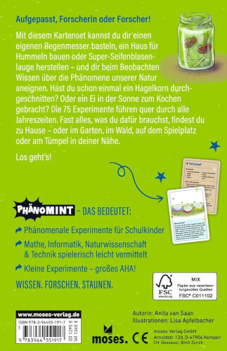 Auf dem Bild ist die Rückseite eines Kartensets zum Thema Experimente für Kinder zu sehen. Es enthält eine kurze Beschreibung, Illustrationen von Experimentkarten und ein Glas mit Kaulquappen.