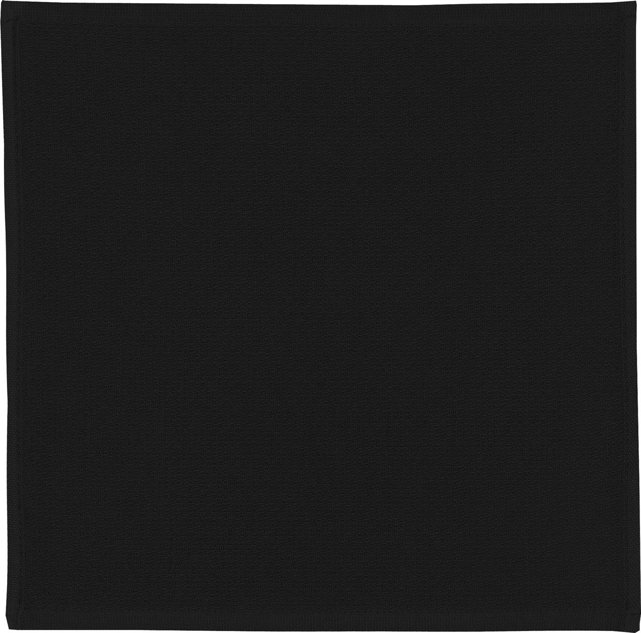Dies ist ein schwarzes Spültuch aus Baumwolle. Es hat die Maße 30 x 30 cm.
