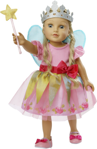 Die Puppe trägt ein buntes Feenkostüm mit Flügeln, Krone und Zauberstab. Sie hat blonde Haare und ein rosa Kleid mit Blumenmuster und großer Schleife.