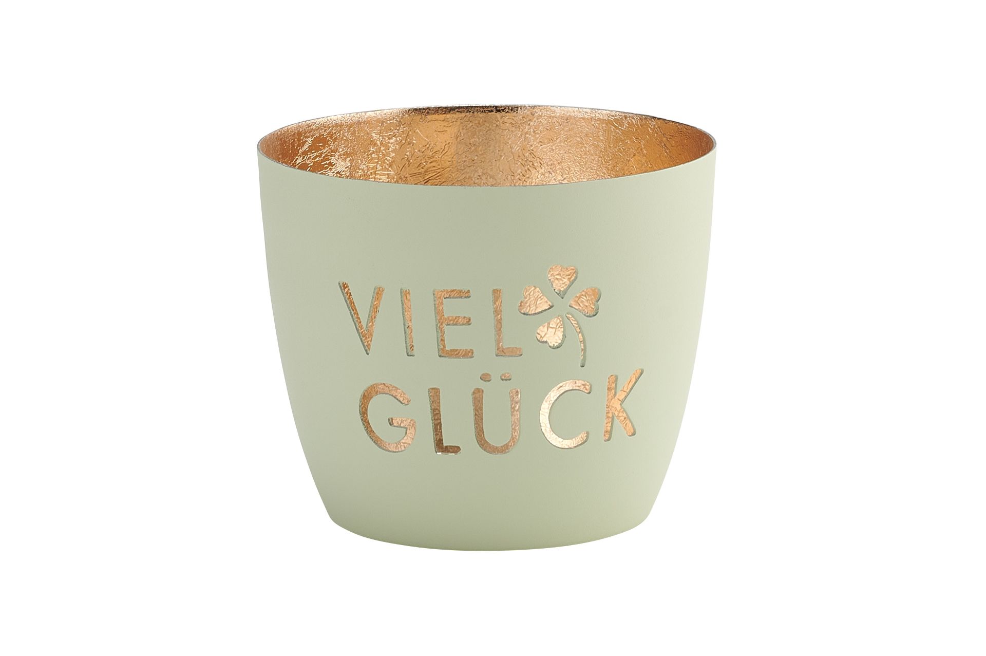 Madras Windlicht in Größe M mit dem Motiv 'Viel Glück' in Pastellgrün. Dieses Windlicht bringt einen freundlichen Gruß und positive Stimmung.