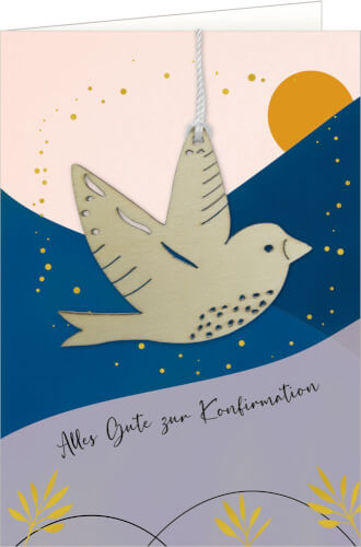 Auf dem Bild ist eine Karte mit einer fliegenden Taube als Anhänger zu sehen. Unten steht der Schriftzug "Alles Gute zur Konfirmation".